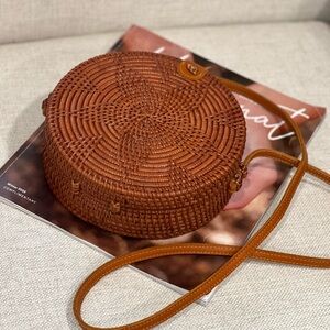 Tan Rattan Crossbody Bag with Leather Strap